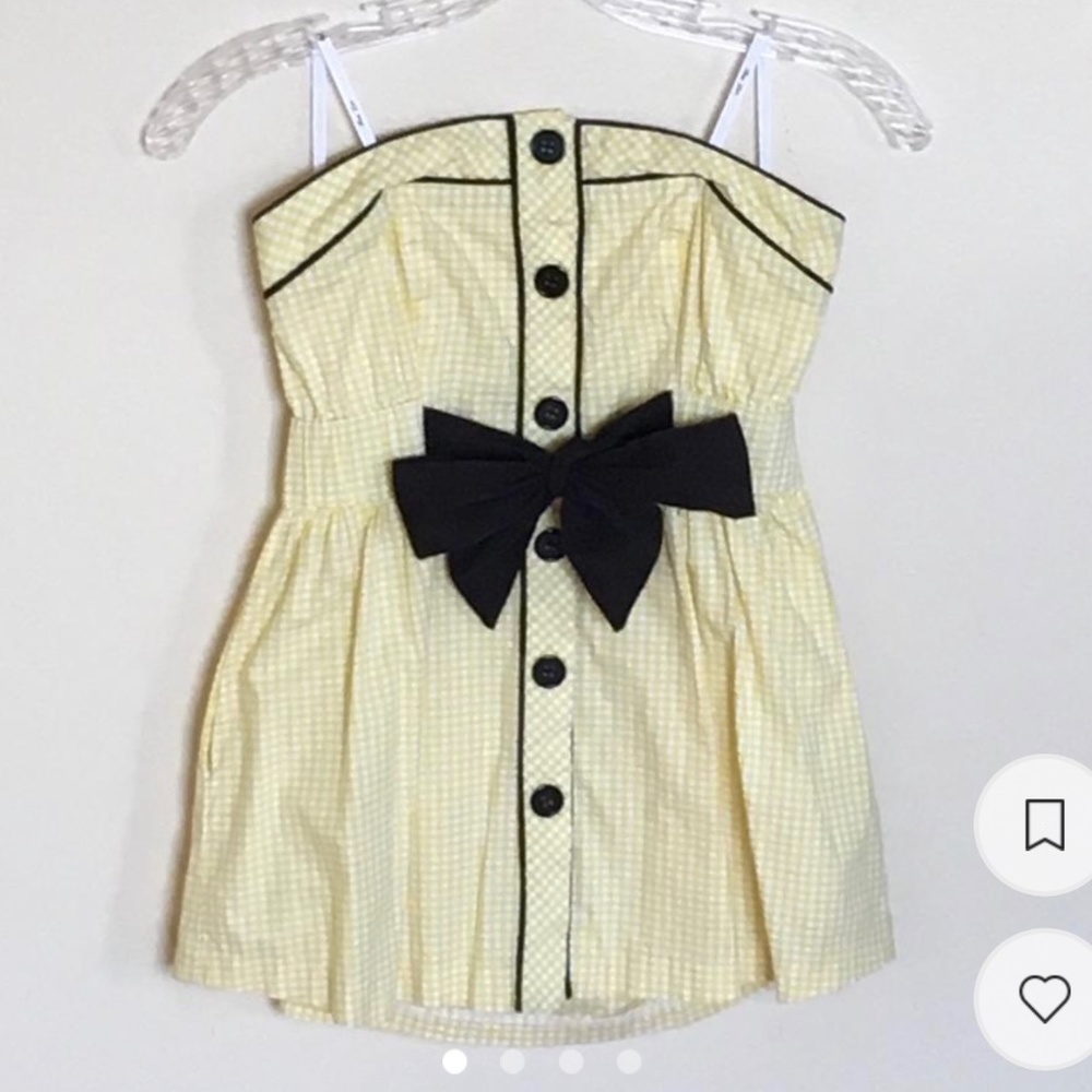 Y2K strapless yellow gingham top w/ black piping, bow, and side seam POCKETS